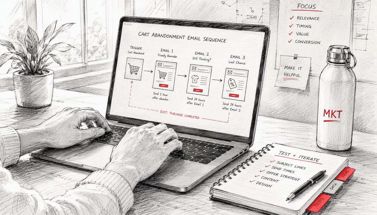 Hands arranging cart abandonment flow diagrams