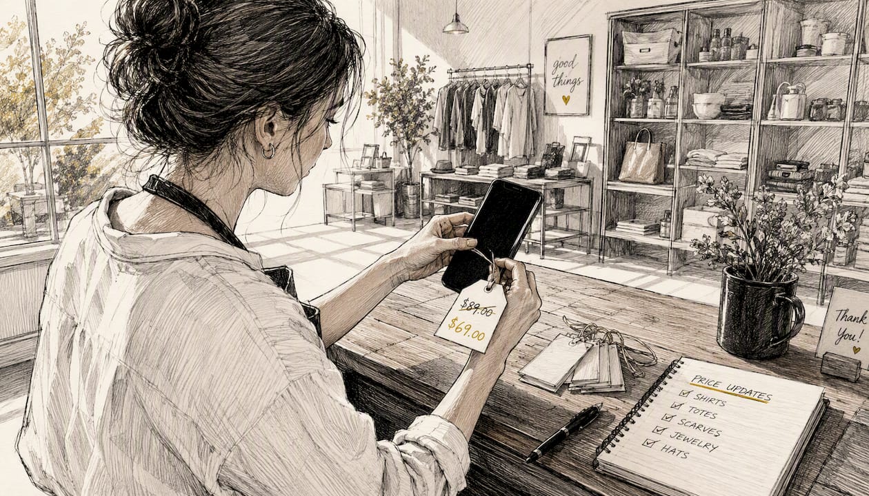 Hands adjusting ecommerce product price details