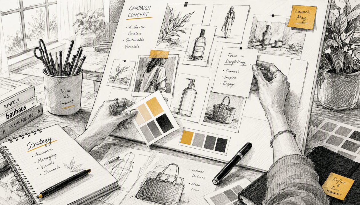 Hands creating marketing storyboard for shopping campaign