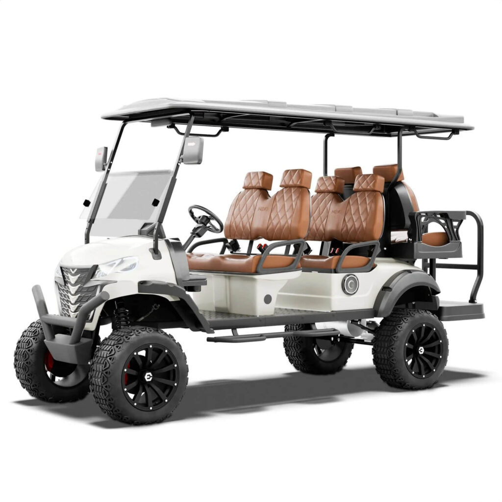 White and brown NEVO 6-seater golf cart